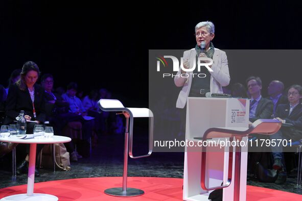 French Minister of Health and Access to Care Genevieve Darrieussecq delivers a speech during the 106th session of the Congress of Mayors org...