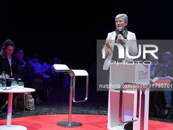 French Minister of Health and Access to Care Genevieve Darrieussecq delivers a speech during the 106th session of the Congress of Mayors org...