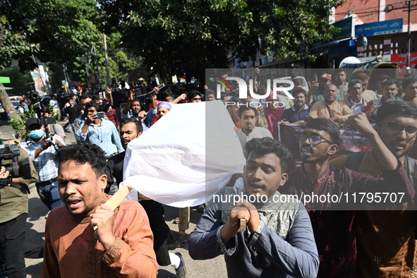 Activists from an anti-fascist student group held a symbolic coffin procession at Dhaka University campus in Dhaka, Bangladesh, on November...