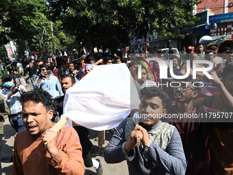 Activists from an anti-fascist student group held a symbolic coffin procession at Dhaka University campus in Dhaka, Bangladesh, on November...