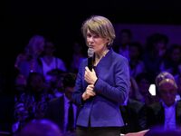 France's Minister of Education Anne Genetet delivers a speech during the 106th session of the Congress of Mayors organized by the ''France's...