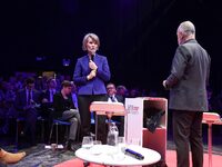 France's Minister of Education Anne Genetet delivers a speech during the 106th session of the Congress of Mayors organized by the ''France's...