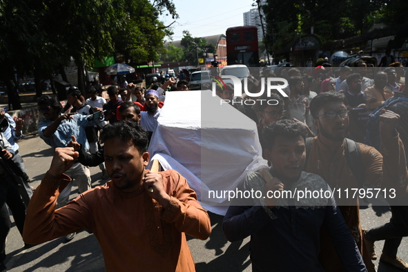 Activists from an anti-fascist student group held a symbolic coffin procession at Dhaka University campus in Dhaka, Bangladesh, on November...