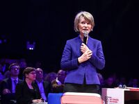 France's Minister of Education Anne Genetet delivers a speech during the 106th session of the Congress of Mayors organized by the ''France's...