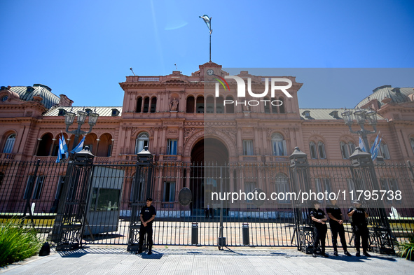 Police in Buenos Aires, Argentina, on November 20, 2024, guard the arrival of Italian Prime Minister Giorgia Meloni at the Casa Rosada 