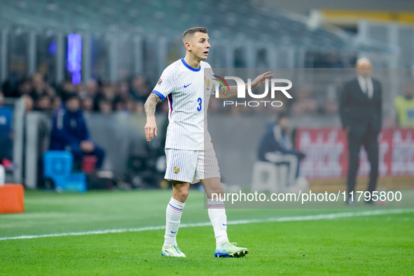 Lucas Digne of France gestures during the UEFA Nations League 2024/25 League A Group 2 match between Italy and France at Stadio Giuseppe Mea...