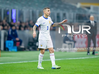 Lucas Digne of France gestures during the UEFA Nations League 2024/25 League A Group 2 match between Italy and France at Stadio Giuseppe Mea...