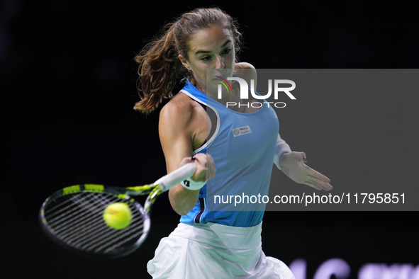 MALAGA, SPAIN - NOVEMBER 20: Lucia Bronzetti of Team Italy in her singles match against Viktoria Hruncakova of Team Slovakia in the final ti...