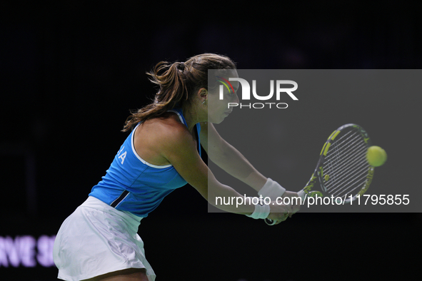 MALAGA, SPAIN - NOVEMBER 20: Lucia Bronzetti of Team Italy in her singles match against Viktoria Hruncakova of Team Slovakia in the final ti...