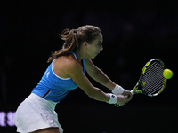 MALAGA, SPAIN - NOVEMBER 20: Lucia Bronzetti of Team Italy in her singles match against Viktoria Hruncakova of Team Slovakia in the final ti...