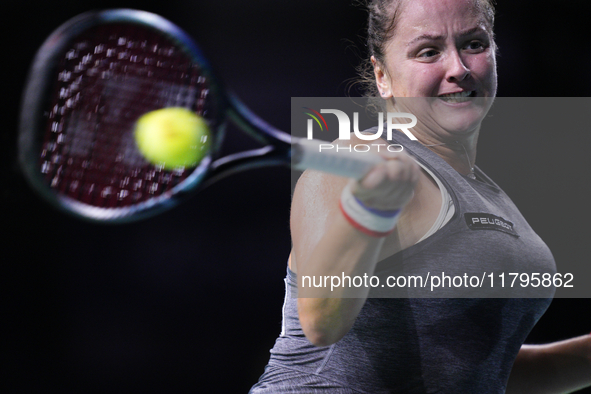 MALAGA, SPAIN - NOVEMBER 19:  Viktoria Hruncakova of Slovakia in her singles match against Lucia Bronzetti of Team Italy in the final tie be...