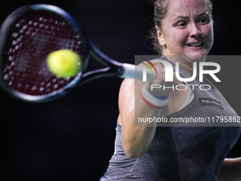 MALAGA, SPAIN - NOVEMBER 19:  Viktoria Hruncakova of Slovakia in her singles match against Lucia Bronzetti of Team Italy in the final tie be...