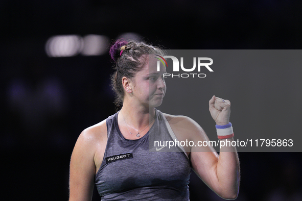 MALAGA, SPAIN - NOVEMBER 19:  Viktoria Hruncakova of Slovakia in her singles match against Lucia Bronzetti of Team Italy in the final tie be...