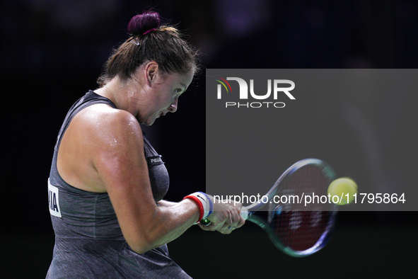 MALAGA, SPAIN - NOVEMBER 19:  Viktoria Hruncakova of Slovakia in her singles match against Lucia Bronzetti of Team Italy in the final tie be...