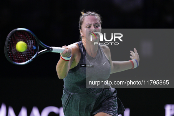 MALAGA, SPAIN - NOVEMBER 19:  Viktoria Hruncakova of Slovakia in her singles match against Lucia Bronzetti of Team Italy in the final tie be...