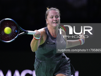 MALAGA, SPAIN - NOVEMBER 19:  Viktoria Hruncakova of Slovakia in her singles match against Lucia Bronzetti of Team Italy in the final tie be...