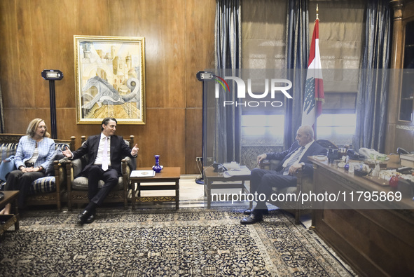 US special envoy Amos Hochstein talks to reporters following his meeting with Lebanese Parliament Speaker Nabih Berri in Beirut, Lebanon, on...