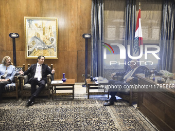 US special envoy Amos Hochstein talks to reporters following his meeting with Lebanese Parliament Speaker Nabih Berri in Beirut, Lebanon, on...