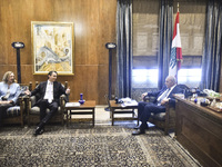 US special envoy Amos Hochstein talks to reporters following his meeting with Lebanese Parliament Speaker Nabih Berri in Beirut, Lebanon, on...