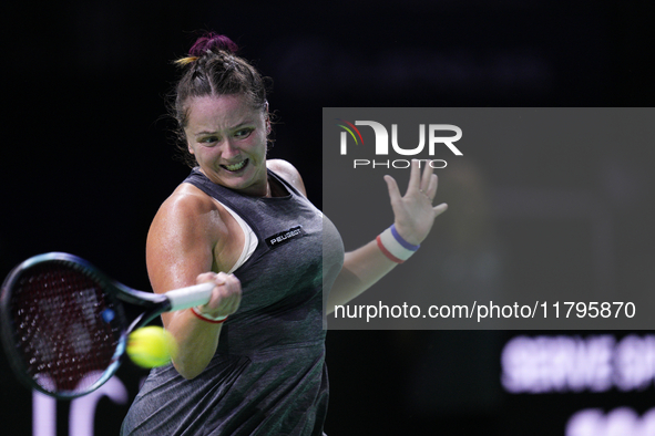 MALAGA, SPAIN - NOVEMBER 19:  Viktoria Hruncakova of Slovakia in her singles match against Lucia Bronzetti of Team Italy in the final tie be...