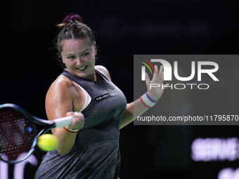 MALAGA, SPAIN - NOVEMBER 19:  Viktoria Hruncakova of Slovakia in her singles match against Lucia Bronzetti of Team Italy in the final tie be...