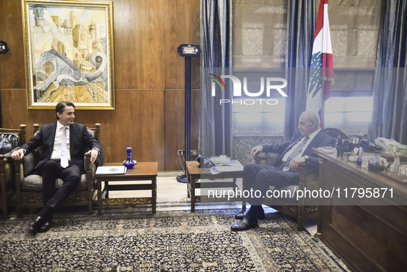 US special envoy Amos Hochstein talks to reporters following his meeting with Lebanese Parliament Speaker Nabih Berri in Beirut, Lebanon, on...