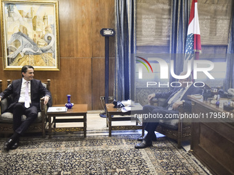 US special envoy Amos Hochstein talks to reporters following his meeting with Lebanese Parliament Speaker Nabih Berri in Beirut, Lebanon, on...