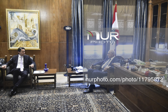 US special envoy Amos Hochstein talks to reporters following his meeting with Lebanese Parliament Speaker Nabih Berri in Beirut, Lebanon, on...