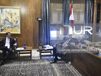 US special envoy Amos Hochstein talks to reporters following his meeting with Lebanese Parliament Speaker Nabih Berri in Beirut, Lebanon, on...