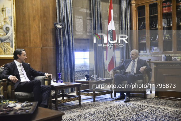 US special envoy Amos Hochstein talks to reporters following his meeting with Lebanese Parliament Speaker Nabih Berri in Beirut, Lebanon, on...