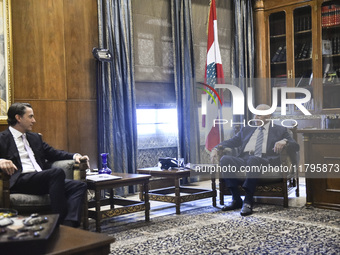 US special envoy Amos Hochstein talks to reporters following his meeting with Lebanese Parliament Speaker Nabih Berri in Beirut, Lebanon, on...