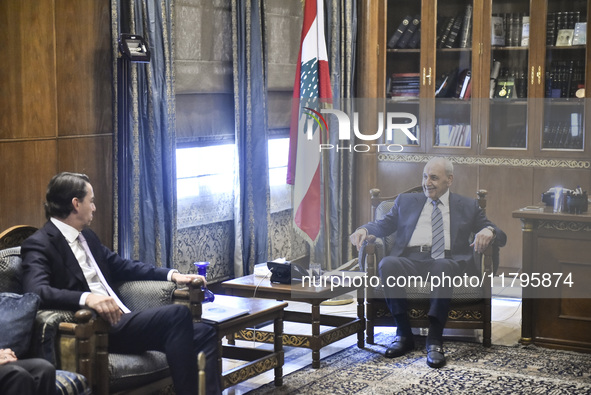 US special envoy Amos Hochstein talks to reporters following his meeting with Lebanese Parliament Speaker Nabih Berri in Beirut, Lebanon, on...