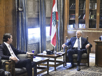 US special envoy Amos Hochstein talks to reporters following his meeting with Lebanese Parliament Speaker Nabih Berri in Beirut, Lebanon, on...