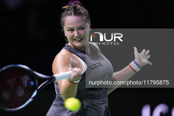 MALAGA, SPAIN - NOVEMBER 19:  Viktoria Hruncakova of Slovakia in her singles match against Lucia Bronzetti of Team Italy in the final tie be...