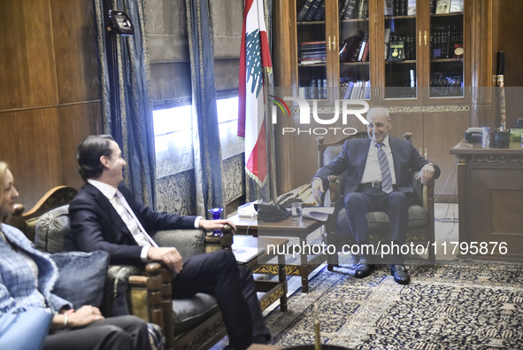 US special envoy Amos Hochstein talks to reporters following his meeting with Lebanese Parliament Speaker Nabih Berri in Beirut, Lebanon, on...