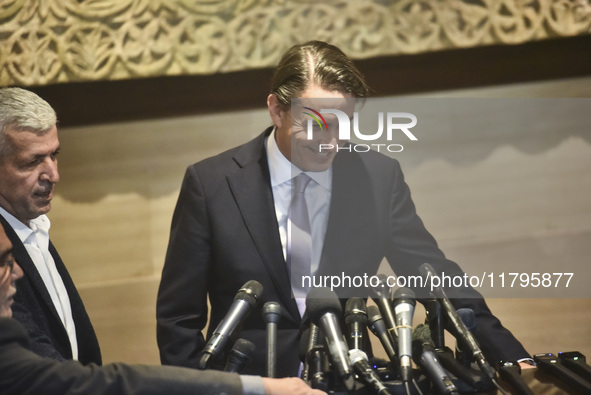 US special envoy Amos Hochstein talks to reporters following his meeting with Lebanese Parliament Speaker Nabih Berri in Beirut, Lebanon, on...