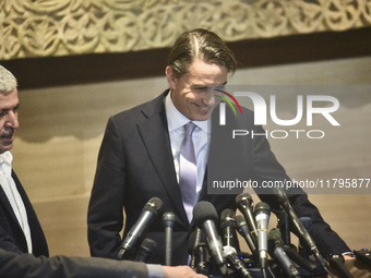 US special envoy Amos Hochstein talks to reporters following his meeting with Lebanese Parliament Speaker Nabih Berri in Beirut, Lebanon, on...