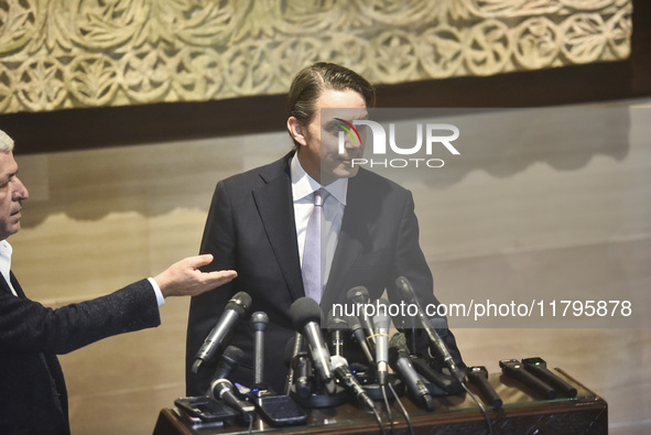 US special envoy Amos Hochstein talks to reporters following his meeting with Lebanese Parliament Speaker Nabih Berri in Beirut, Lebanon, on...