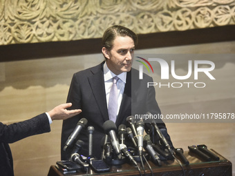 US special envoy Amos Hochstein talks to reporters following his meeting with Lebanese Parliament Speaker Nabih Berri in Beirut, Lebanon, on...