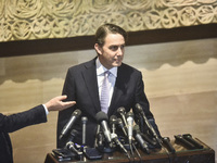 US special envoy Amos Hochstein talks to reporters following his meeting with Lebanese Parliament Speaker Nabih Berri in Beirut, Lebanon, on...