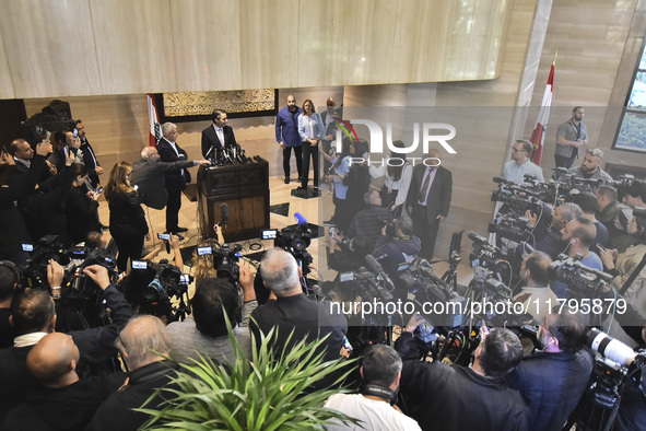 US special envoy Amos Hochstein talks to reporters following his meeting with Lebanese Parliament Speaker Nabih Berri in Beirut, Lebanon, on...