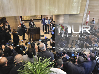 US special envoy Amos Hochstein talks to reporters following his meeting with Lebanese Parliament Speaker Nabih Berri in Beirut, Lebanon, on...