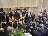 US special envoy Amos Hochstein talks to reporters following his meeting with Lebanese Parliament Speaker Nabih Berri in Beirut, Lebanon, on...