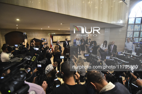 US special envoy Amos Hochstein talks to reporters following his meeting with Lebanese Parliament Speaker Nabih Berri in Beirut, Lebanon, on...