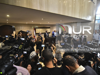 US special envoy Amos Hochstein talks to reporters following his meeting with Lebanese Parliament Speaker Nabih Berri in Beirut, Lebanon, on...