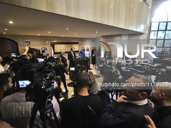 US special envoy Amos Hochstein talks to reporters following his meeting with Lebanese Parliament Speaker Nabih Berri in Beirut, Lebanon, on...