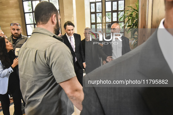 US special envoy Amos Hochstein talks to reporters following his meeting with Lebanese Parliament Speaker Nabih Berri in Beirut, Lebanon, on...