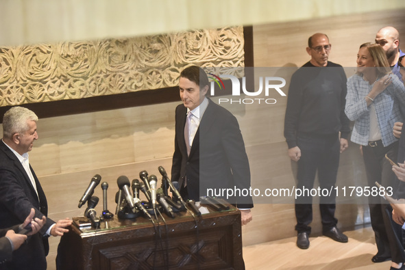 US special envoy Amos Hochstein talks to reporters following his meeting with Lebanese Parliament Speaker Nabih Berri in Beirut, Lebanon, on...