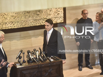 US special envoy Amos Hochstein talks to reporters following his meeting with Lebanese Parliament Speaker Nabih Berri in Beirut, Lebanon, on...