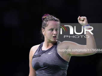 MALAGA, SPAIN - NOVEMBER 19:  Viktoria Hruncakova of Slovakia in her singles match against Lucia Bronzetti of Team Italy in the final tie be...